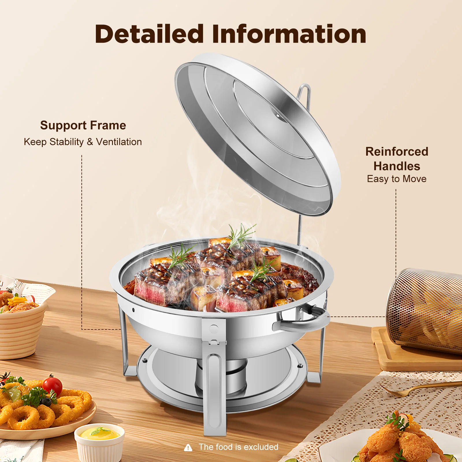 

410 Stainless Steel Round Chafing Dish，7.92Qt Keep Warm/Cold Buffet Set for Party， Wedding， Catering