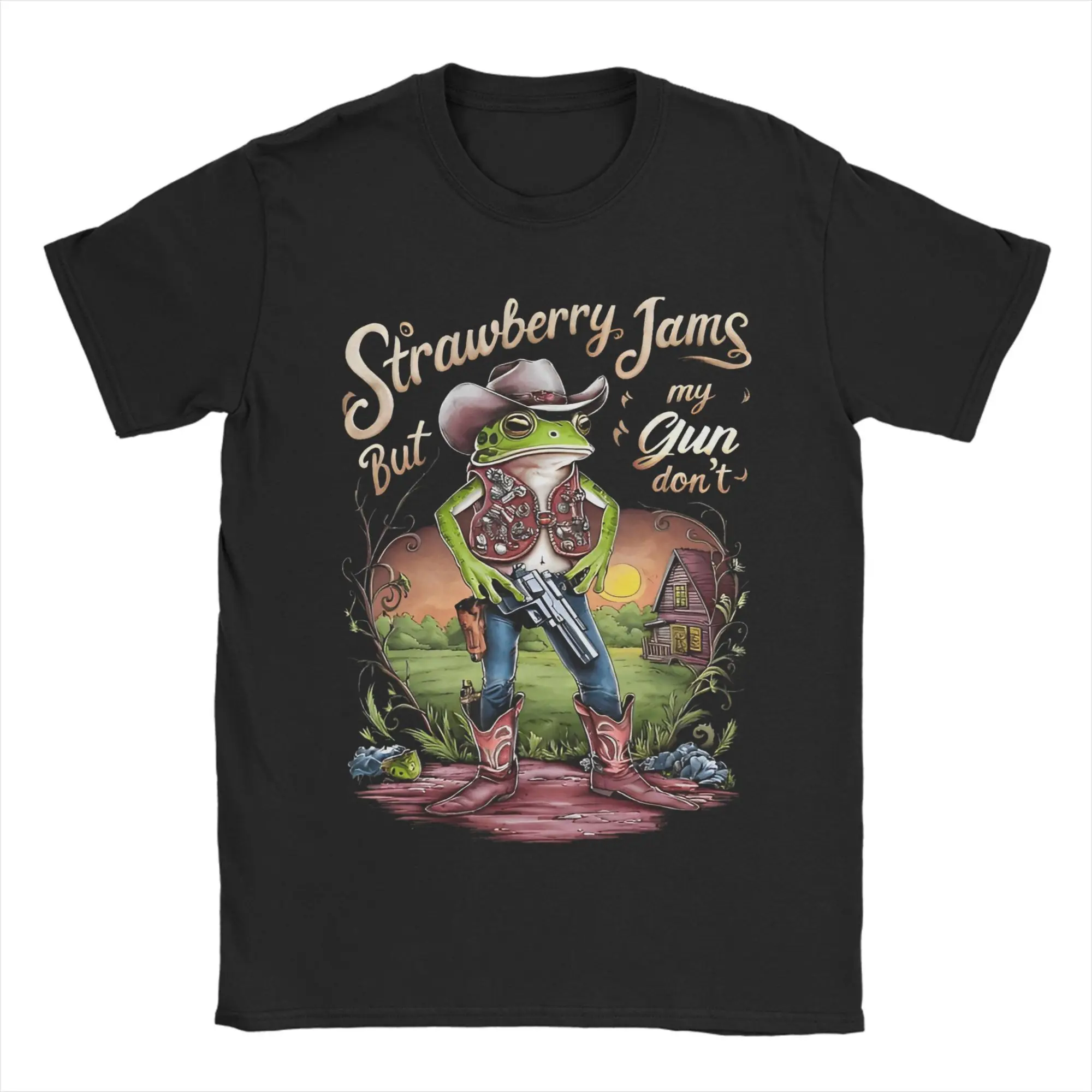 

Strawberry Jams But My Gun Don't Funny Frog Cottagecore Printed T Shirt Men Women 100% Cotton Tee Shirt Clothing