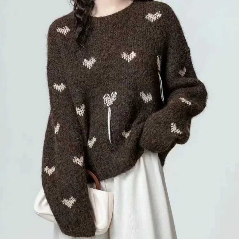 

Autumn Jacquard Round Neck Sweater for Women 2025 New Style Lazy Style High-end Loose Knitted Top Pullover