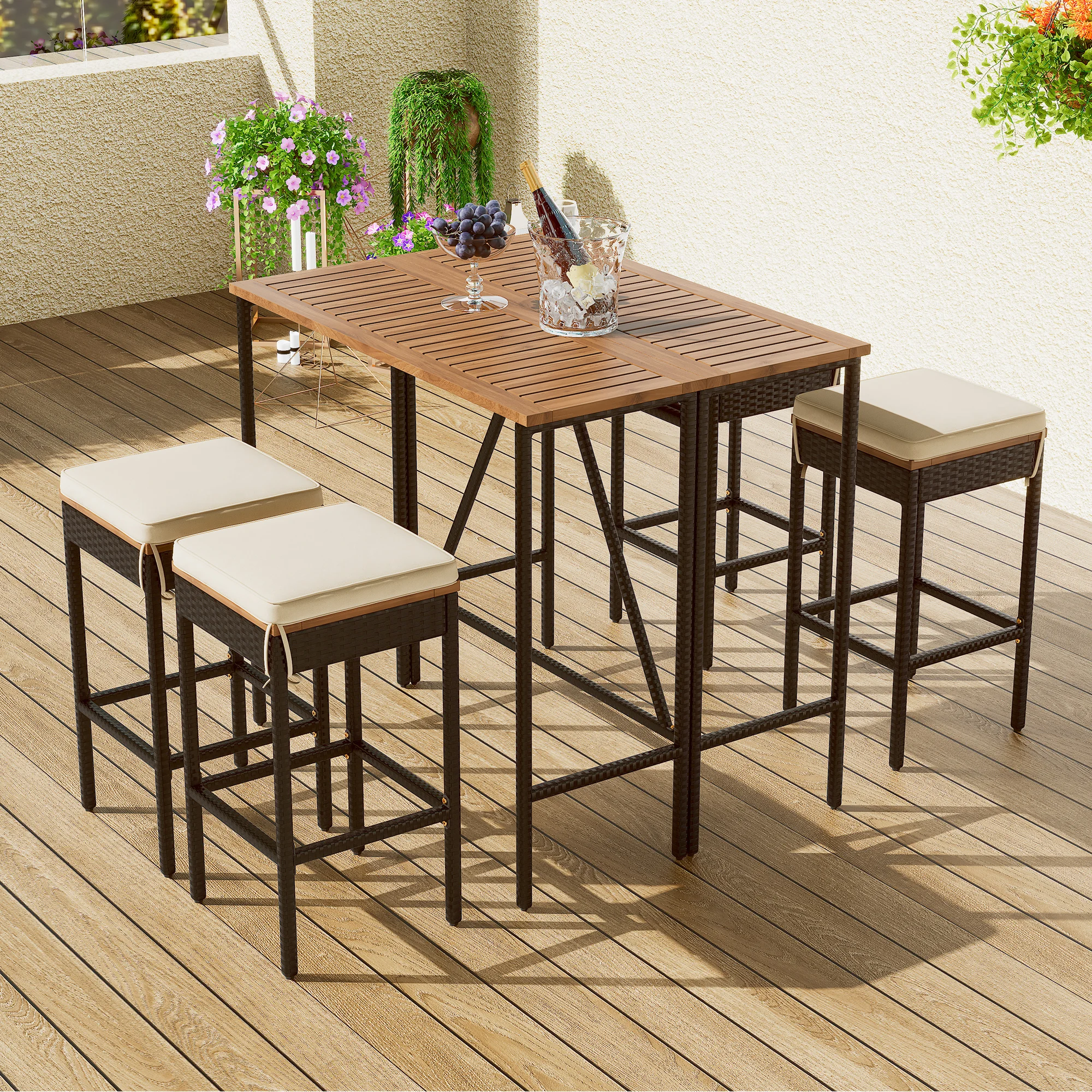 5-Piece Outdoor Acacia Wood Bar Height Table And Four Stools With Cushions, Garden PE Rattan Wicker Dining Table, Foldable Table