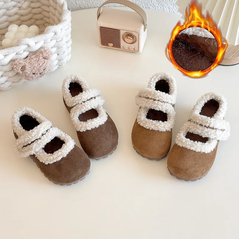 

2025 Winter Girls' Velvet Fury Shoes Children's Velcro Warm Princess Shoes Little Girls' Soft Soled Bean Shoes