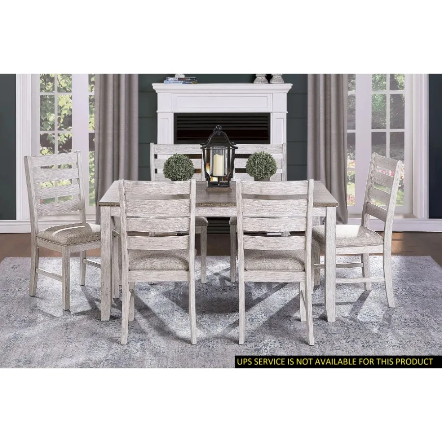 Grayish White Brown Casual Dining Room Furniture 7pc Set Rectangular Wooden Table 6 Side Chairs Fabric Upholstered