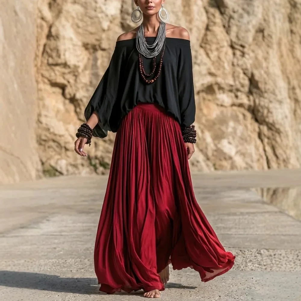 Boho Elegant Women Two Piece Set Loose Off Shoulder Top High Waist Flowy Skirt