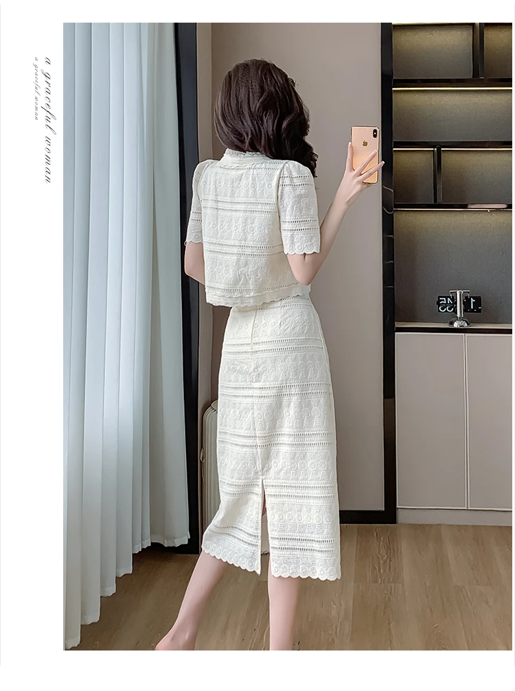 New Summer Beige Hollow Out Two Piece Set Women\'s O Neck Single Breasted Rufflses Shirt Top + High Waist A Line Mid Skirt Suits