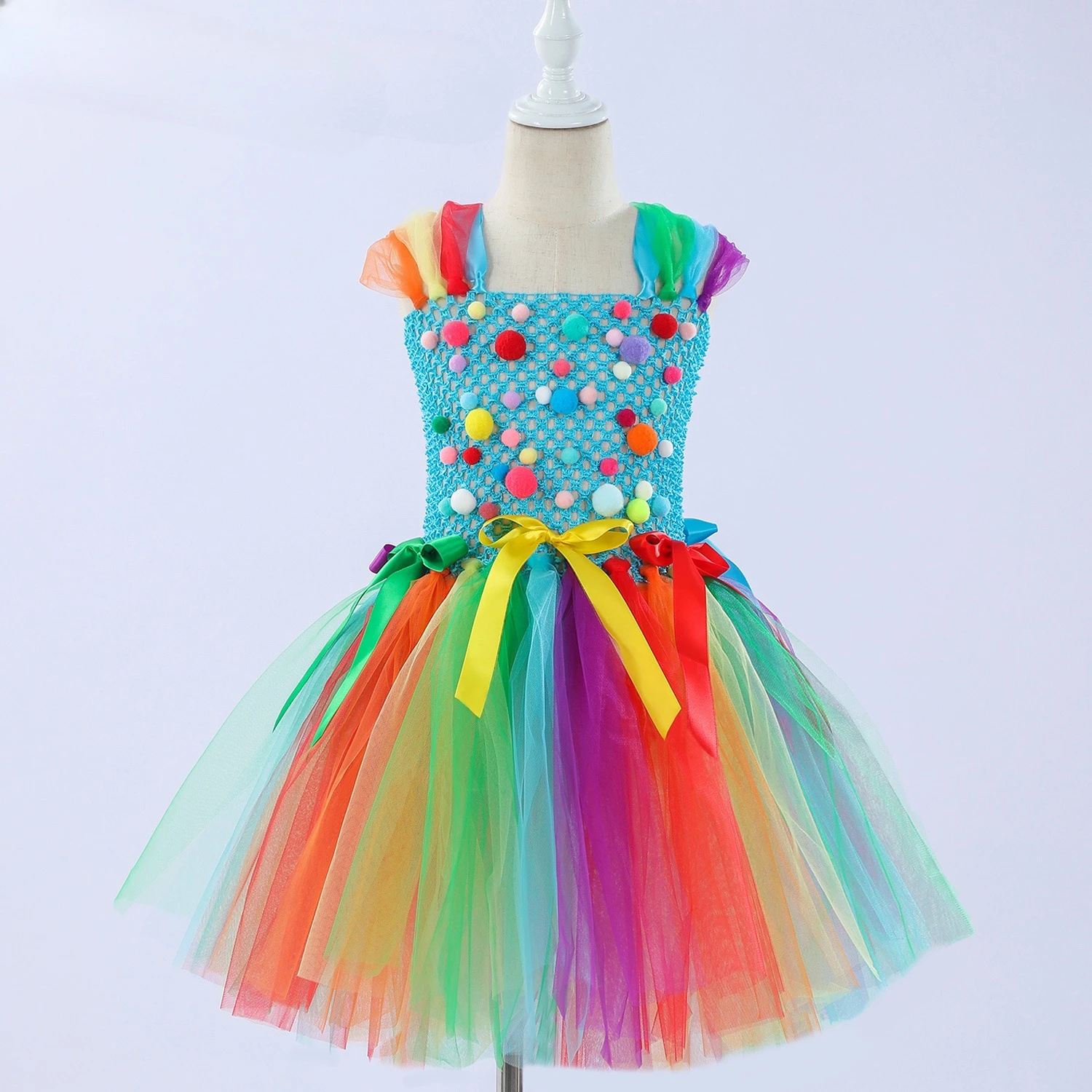 Girls Rainbow Candy Color Pom Pom Mesh Skirt Kids Birthday Holiday Party Stage Photoshoot Princess Soft Fluffy Puffy Layered Set