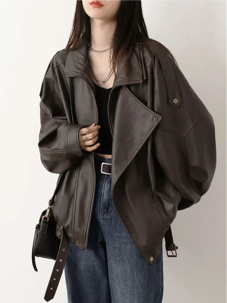 Womens Lapel Collar Biker Jacket Oversized Loose Faux Leather Coat Asymmetrical Zip Motorcycle Outerwear