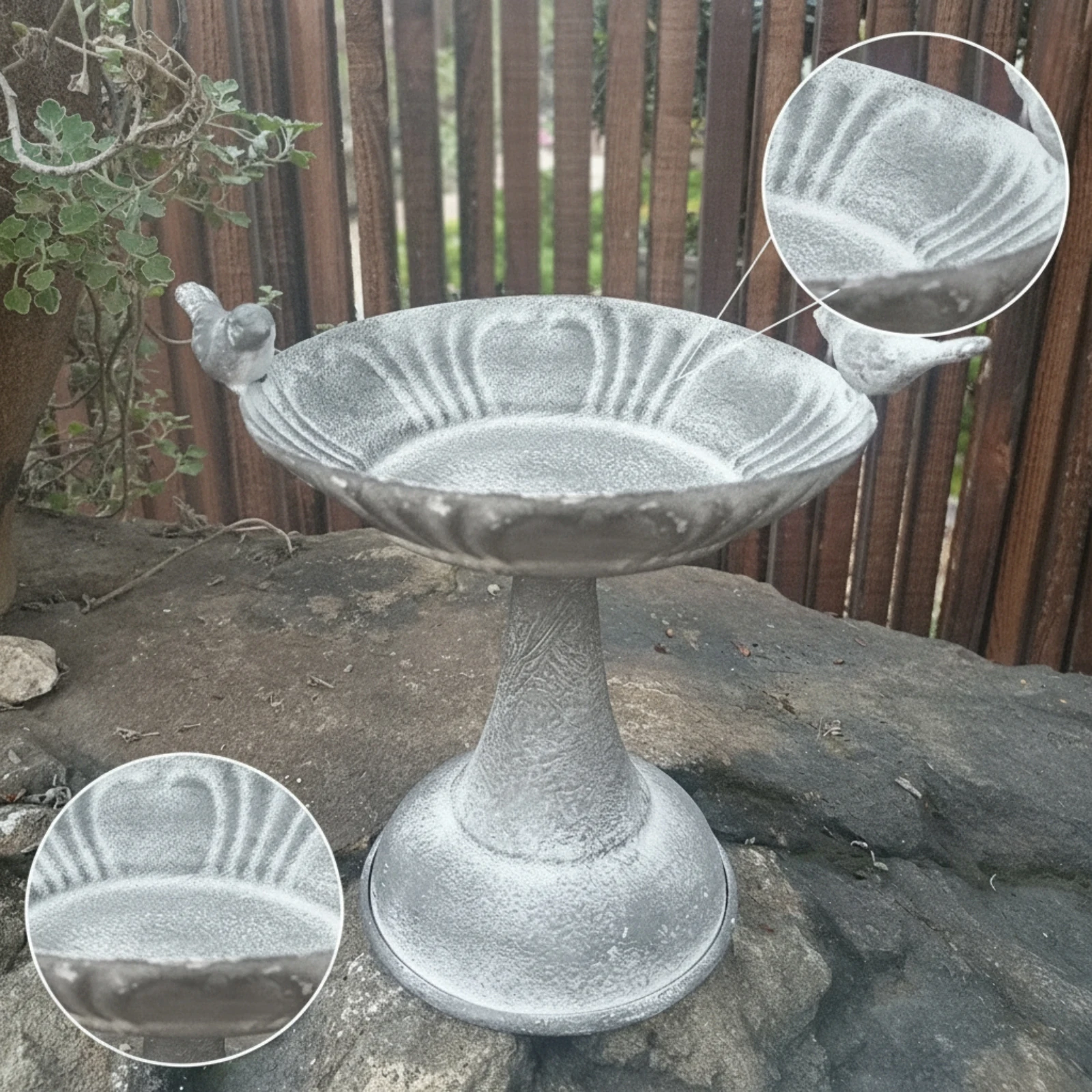 Decorative Bowl with Birds Weathered Metal Pedestal Dish Planter Stand Lightweight Compact for Decorators, Garden Table, Patio view 2