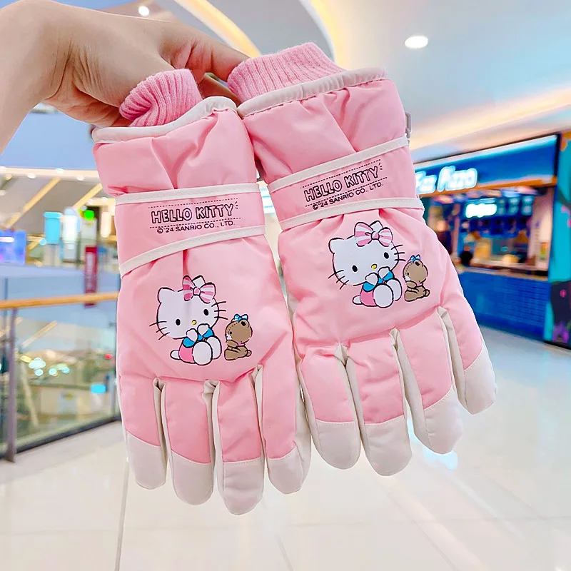 Sanrio Hello Kitty Children's Ski Gloves Winter Baby Cute Warm Fleece-Lined Thick Waterproof Snow Play Gloves for Girls