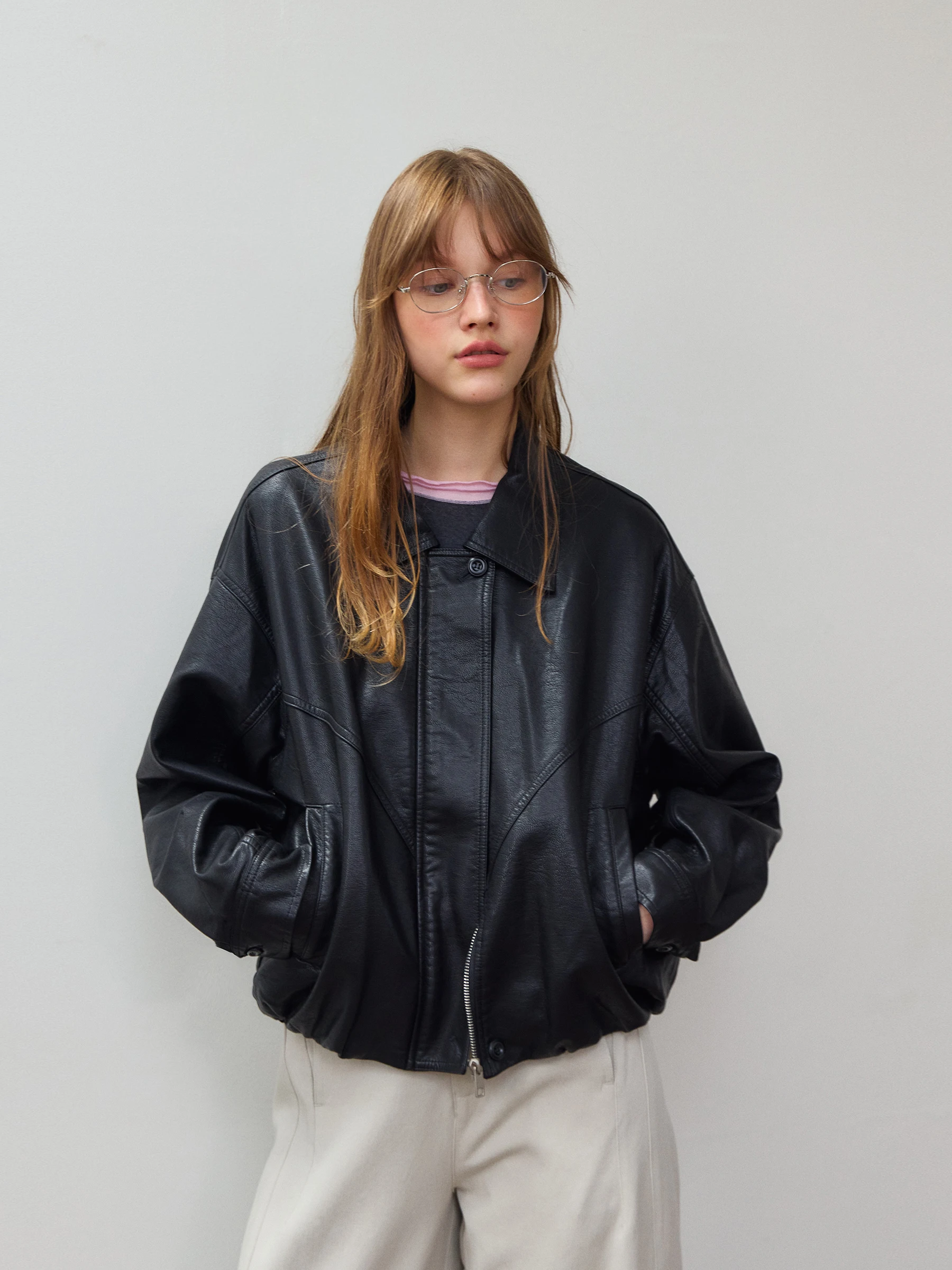 Black Korean Style Stand Collar Loose Short Jacket PU Leather Coat Women's Autumn Winter Vintage Cool Small Size Top