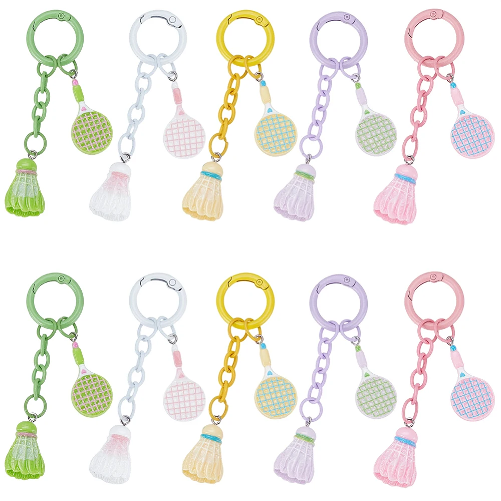 1 Box 10Pcs 5 Colors Badminton Bag Charm Mini Sports Balls Keychains with Spring Gate Ring Cute Resin Simulation Shuttlecock