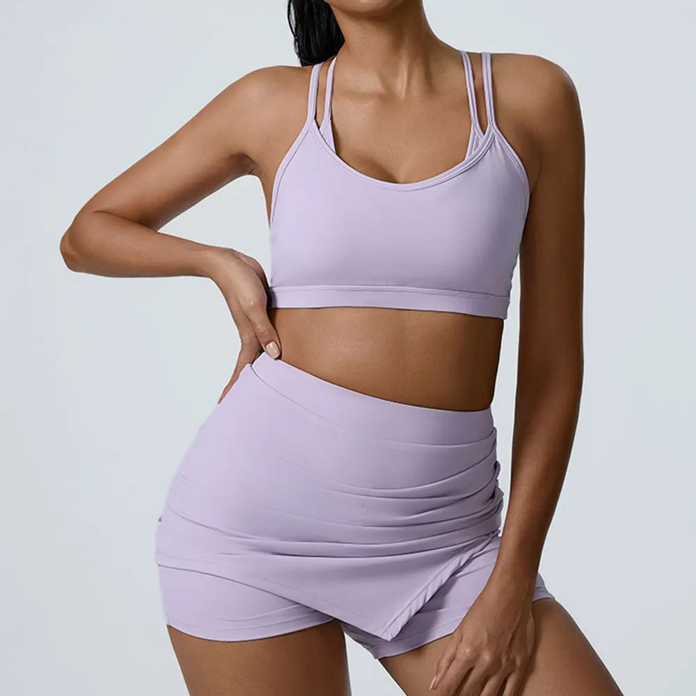 

Женский спортивный комплект из двух предметов: топ для йоги и теннисная юбка, однотонный, дышащий, быстросохнущий, с эффектом пуш-ап, для фитнеса и спорта