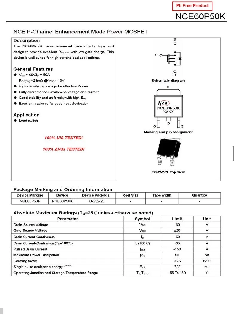 Free Shipping 10PCS NCE60P50K TO-252-2 DPAK MOS NCE P-Channel Enhancement Mode Power MOSFET 60V 50A