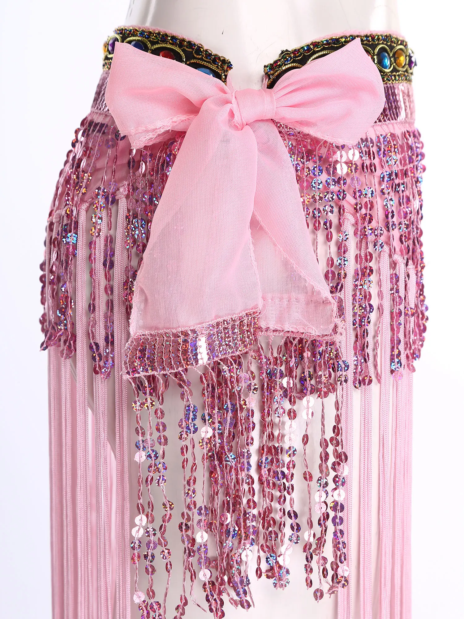 ผ้าคาดเอวเต้นระบำหน้าท้องสำหรับผู้หญิง ประดับพู่หลากสีสัน พร้อมเพชรประดับ สายคาดเอวแบบหลายชั้น ประดับเลื่อมและพู่ห้อย