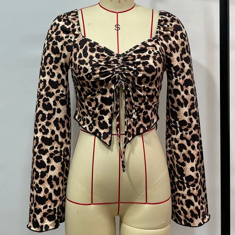 Fashion Long Sleeve Leopard Print Women Blouse Sexy Slim Square Collar Blouse Shirt Women Tops Camisas De Mujer Shirts Blusa Q37 image 6