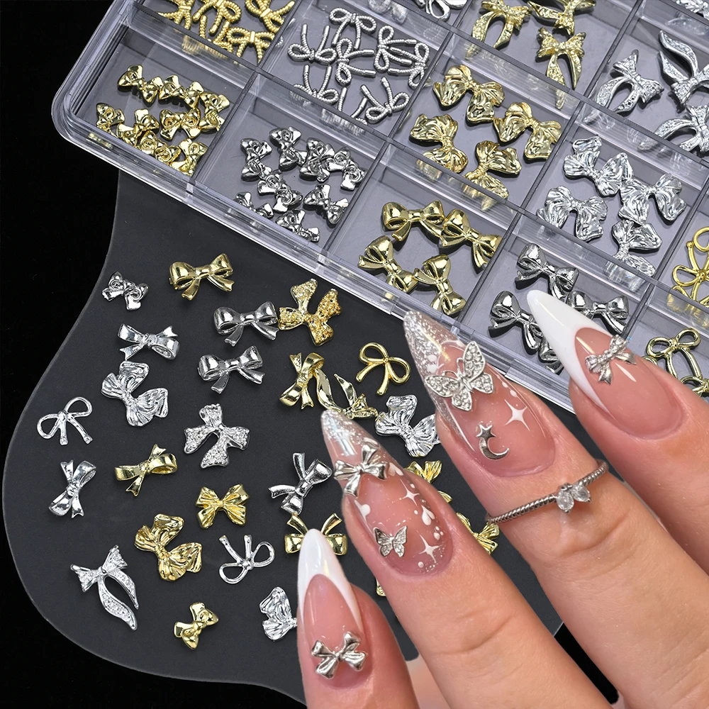 24Grids Metal Gold Silver Bow Butterfly Nail Alloy Charms 3D  Exquisite Luxury Butterflies Bowknot Nail Jewelry DIY Nail Art Dec