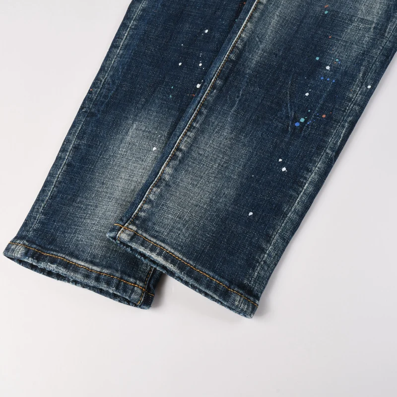 

High Street Designer Fashion Men Jeans Retro Blue Stretch Slim Fit Painted Ripped Jeans Men Brand Denim Pants Vintage Trousers