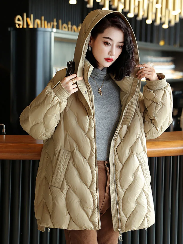 

Women White Duck Down Jacket Casual Over Size Autumn Winter Warm Outwear with Hood Luxurious Top 2023 New