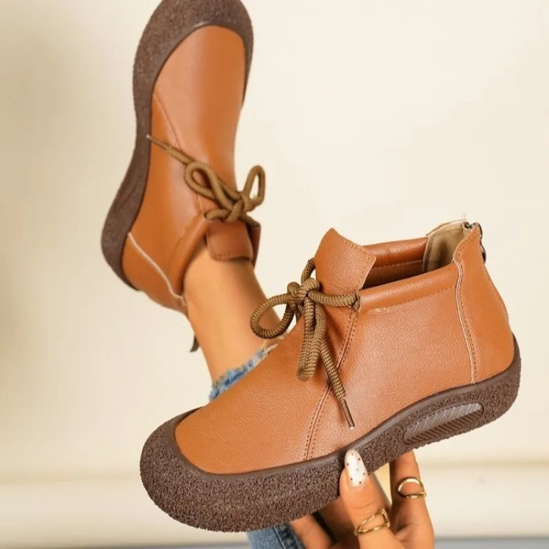 Ladies Bootswinter Fashion Casual Round Head Flat Bottom Short Tube Solid Color Front Lace-up Fashion Boots Work Shoes Plus Size