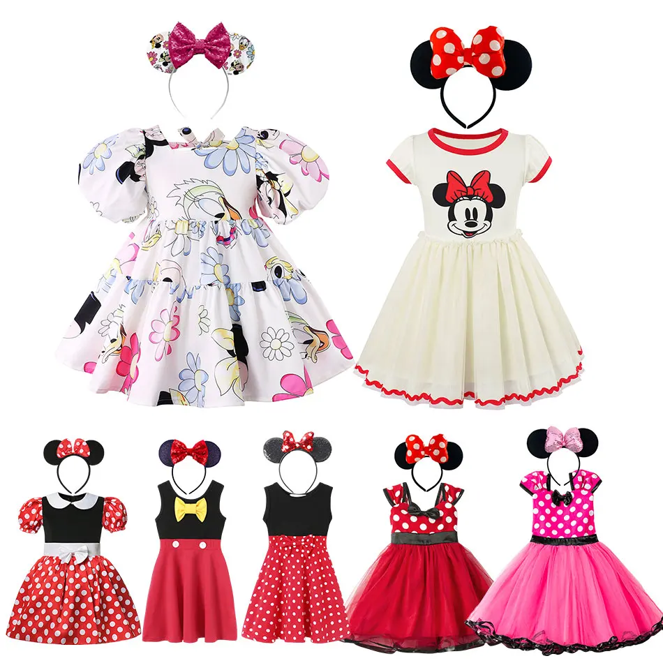 

Disney Minnie Mickey Girl Dress Summer Children Cute Short Skirt Birthday Cosplay Carnival Costume 2-8 Years Old Girls Clothes