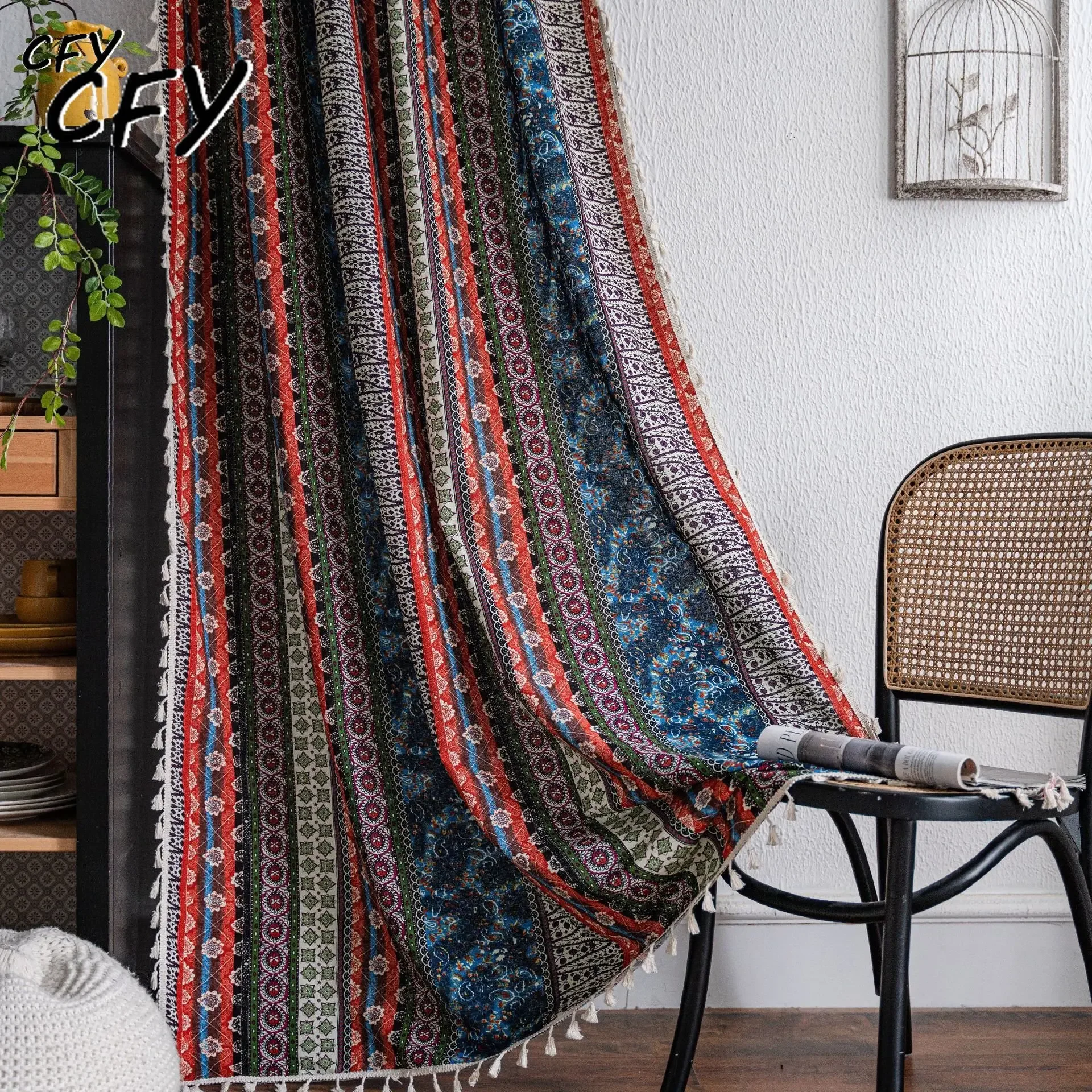 

America Cotton Linen Geometry Curtains for Bedroom Kitchen Curtains with Tassel Country Style Living Room Blackout Curtains