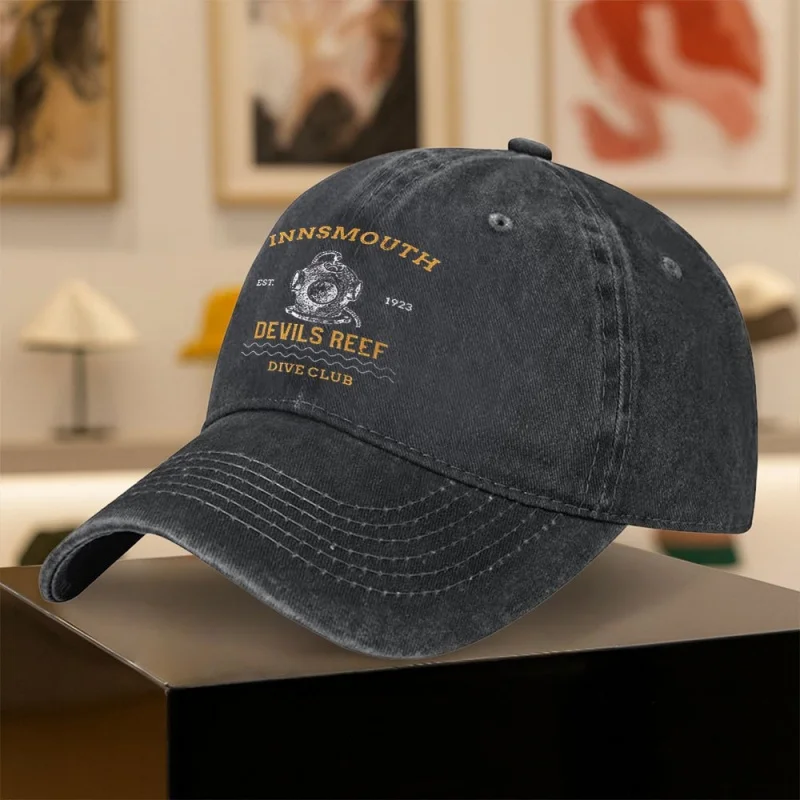 Vintage Nautical Yacht Baseball Cap Dark Gray Golden Innsmouth Devil's Reef Logo Unisex Adjustable Snapback Maritime Casual Hat