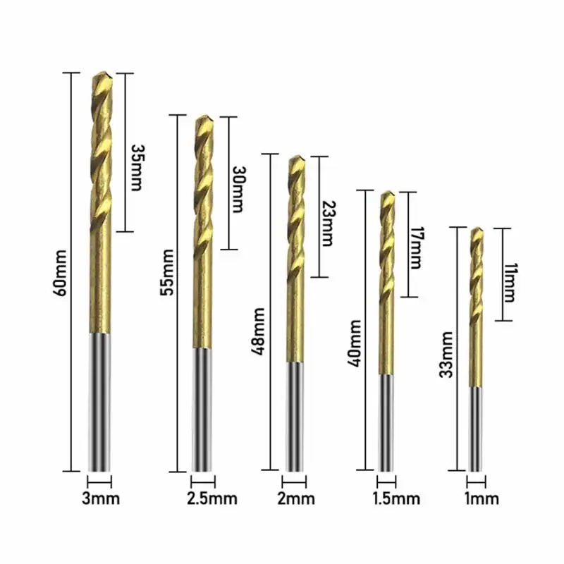 50 pçs de aço de alta velocidade ti-banhado torção bit titânio revestido brocas ferramenta ferramentas elétricas de alta qualidade 1mm 1.5mm 2mm 2.5mm 3mm