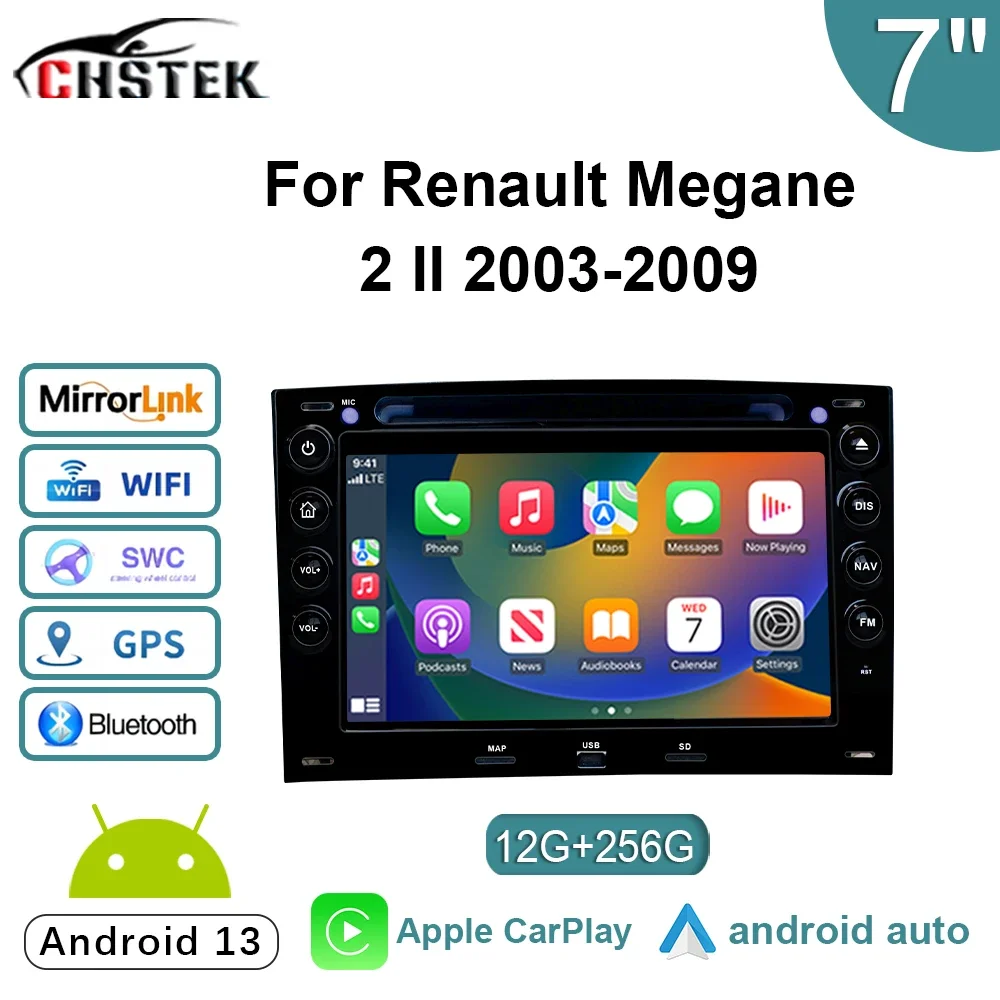 CHSTEK Car Player Radio CarPlay for Renault Megane 2 II 2003-2009 Android 13 Navigation Multimedia 12+256G Qualcomm Stereo GPS