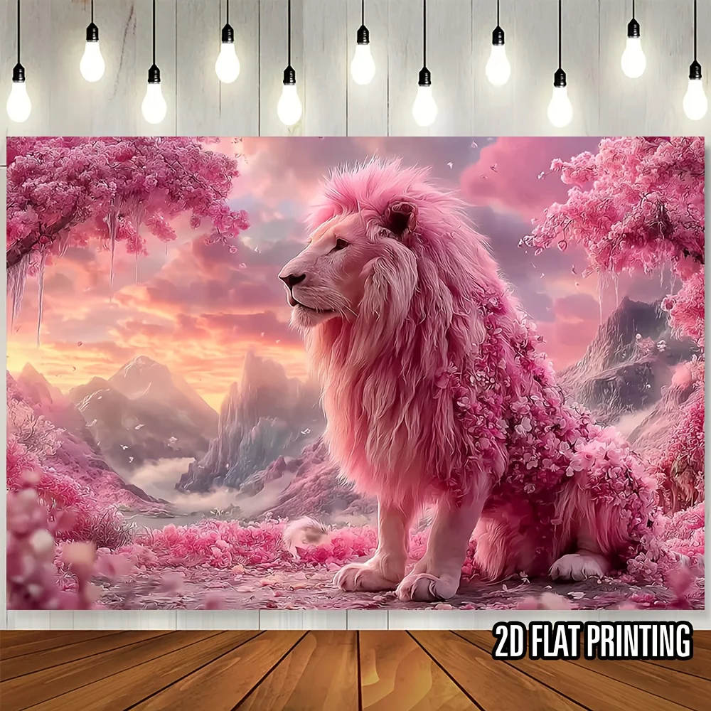 Bohemian Pink Lion Floral Fantasy Tapestry Boho Wall Hanging Aesthetic Forest Jungle Romantic Maximalist Room Decor Art Print Gi