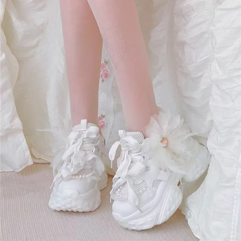 White floral lace rhinestone tassel pearl women's shoes hand-customized low-top lace-up casual sports shoes 34-39 view 5