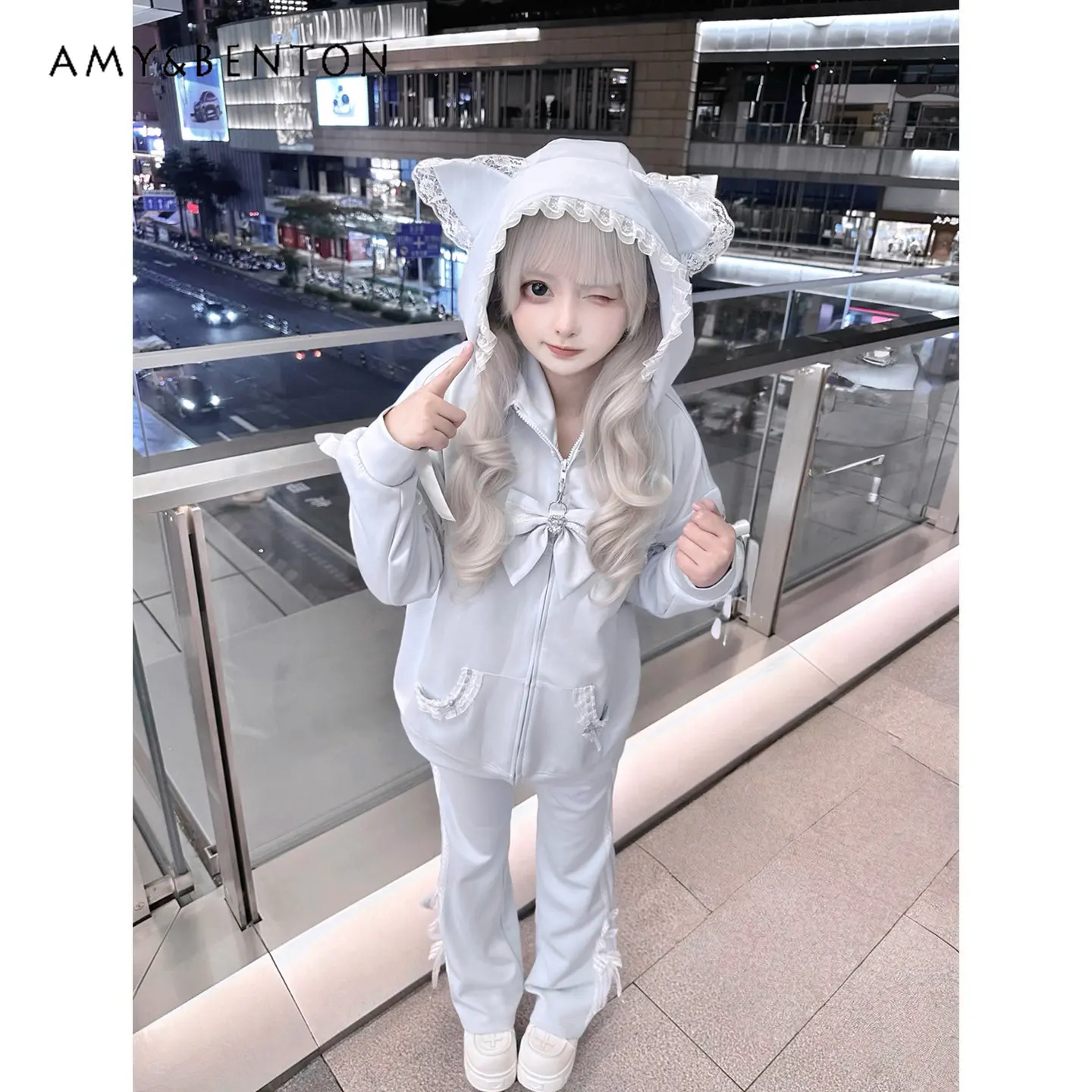 

Japanese Subculture Two-dimensional Cat Ear Hooded Long-sleeved Jacket + Trousers Mine Series Mass-produced Sports Lolita Sets