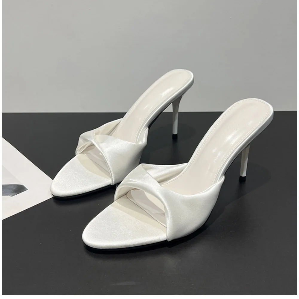 2026 New Fashion Silk Women Thin Heels Pumps Slides Shoes Female Slip On Footwear Round Toe Ladies High Heels Shoes