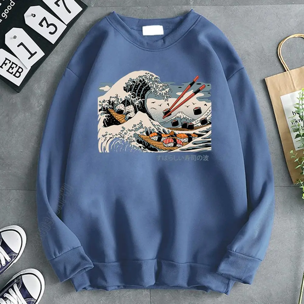 Sushi Wave Ukiyo E Harajuku Prints Man Creativity Loose Sweatshirts Vintage O-Neck Loose Hip Hop Streetwear Men Clothing