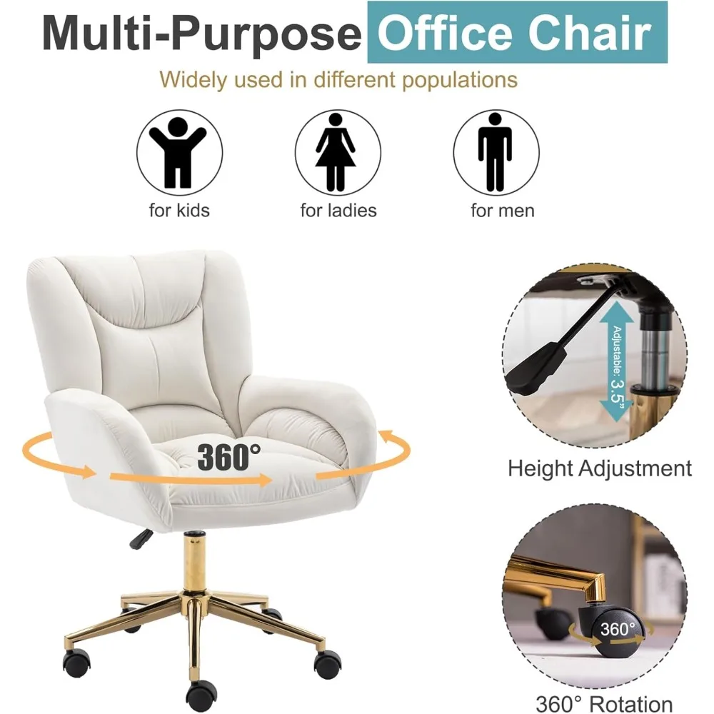 Modern Upholstered Velvet Swivel Desk Chair with Adjustable Height and Wheels for Computer Task, Office, and Makeup Use