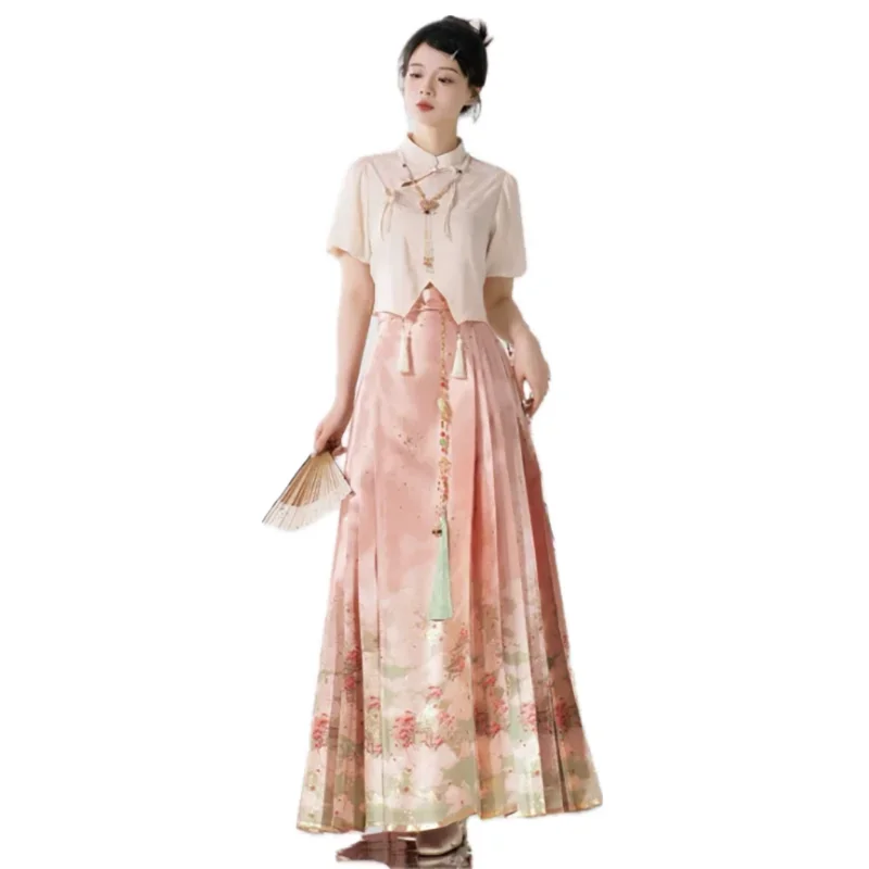 Große Größe 4XL Hanfu Pferd Gesicht Rock Frauen Sommer Kurzarm Shirt + Rock Hanfu Sets Chinesische Hanfu Pferd Gesicht rock 2 stücke Sets