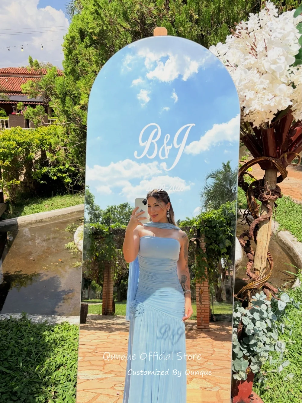 Qunque Blue A Line Evening Dresses 3D Flower Maxi Ribbons Vestidos De Gala De Noche Flowy Chiffon Robes De Soirée Customized