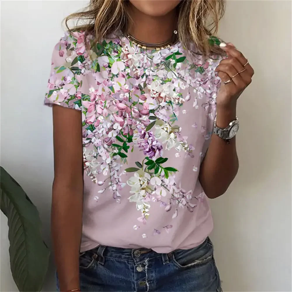 Camiseta floral 3D feminina com estampa, mangas curtas, camisetas na moda, roupas soltas, tops grandes, roupas Y2K, verão, novo