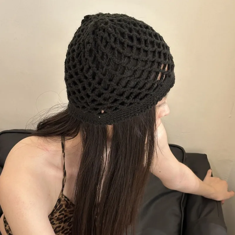 Korean Spring and Autumn Mesh Hollow Knitted Hat Hand-woven Ins Simple Solid Color Breathable Short Brim Sleeve Skull Beanie Cap
