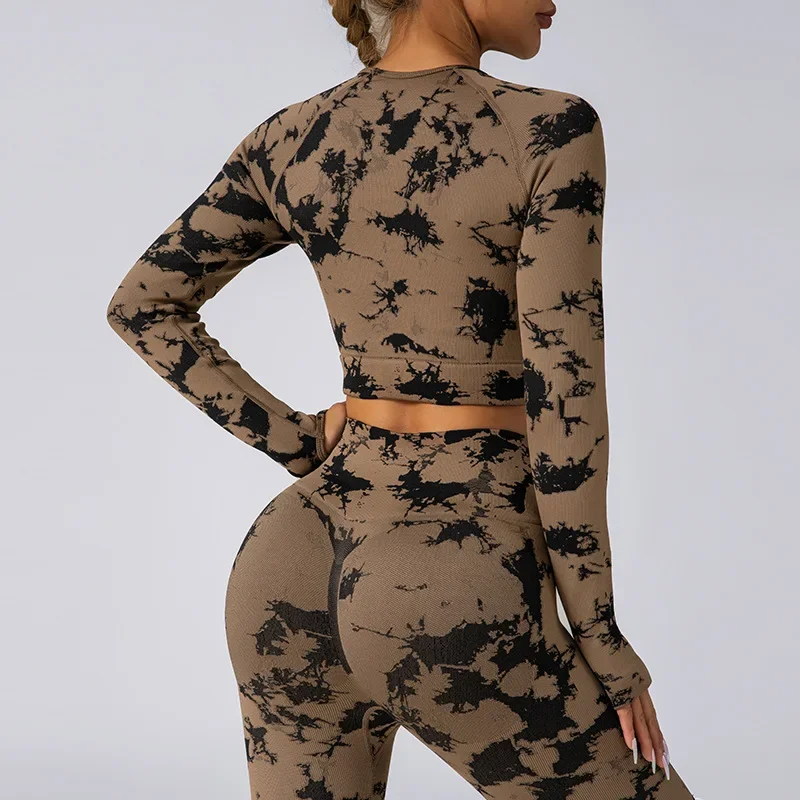 HSOUL YOGA 2Pcs Sports Suit Tie-Dye Sport Long Sleeve Top High Waist Leggings Colorful Quick-Dry Fitness Gym Tracksuit Yoga Set