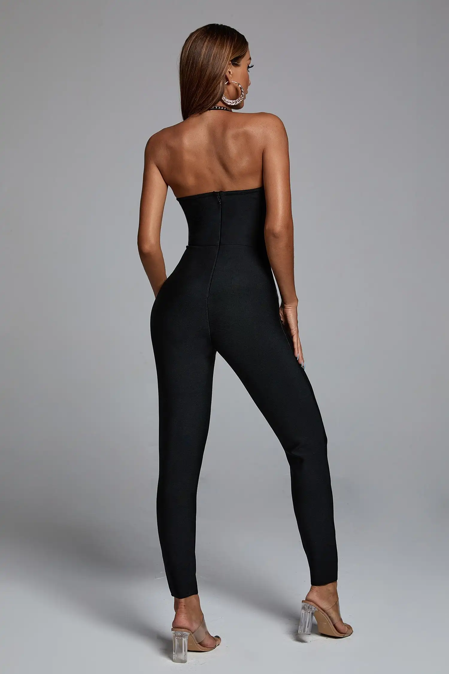 Fashion Halter Women Black Bandage Jumpsuit Sexy Rayon Bnadage Nightclub Style Strapless Jumpsuit