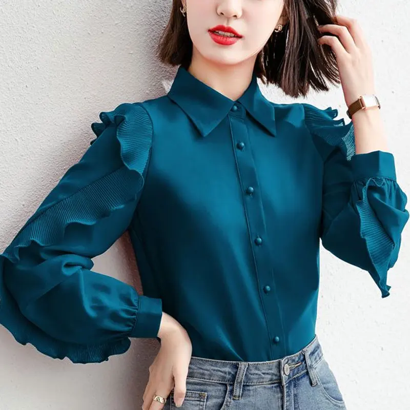 Office Lady Stylish Ruffles Patchwork Blouse Commute Single-breasted Female Clothing Turn-down Collar Spring Autumn Loose Shirt