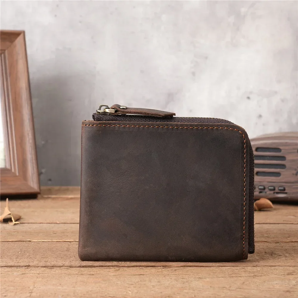 Portafoglio da uomo in vera pelle con cerniera Borsa porta carte semplice Portafoglio da lavoro Portamonete portatile in pelle di vacchetta di primo strato
