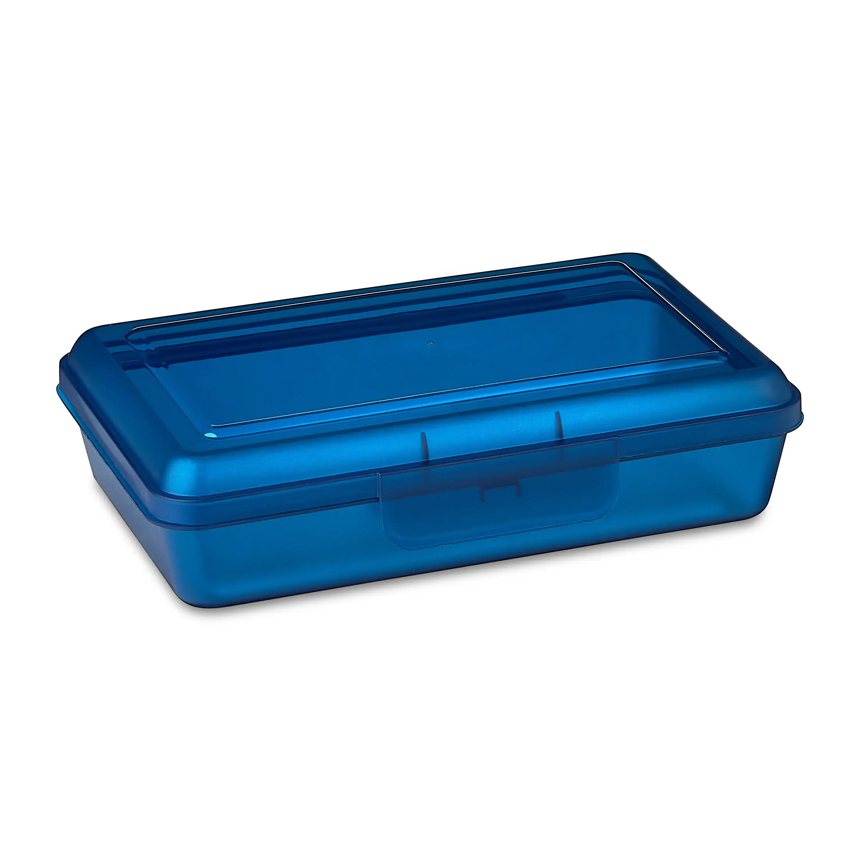 Lightweight Plastic Pencil Box with Snap-on Lid, Translucent Sapphire Blue, 12-Pack