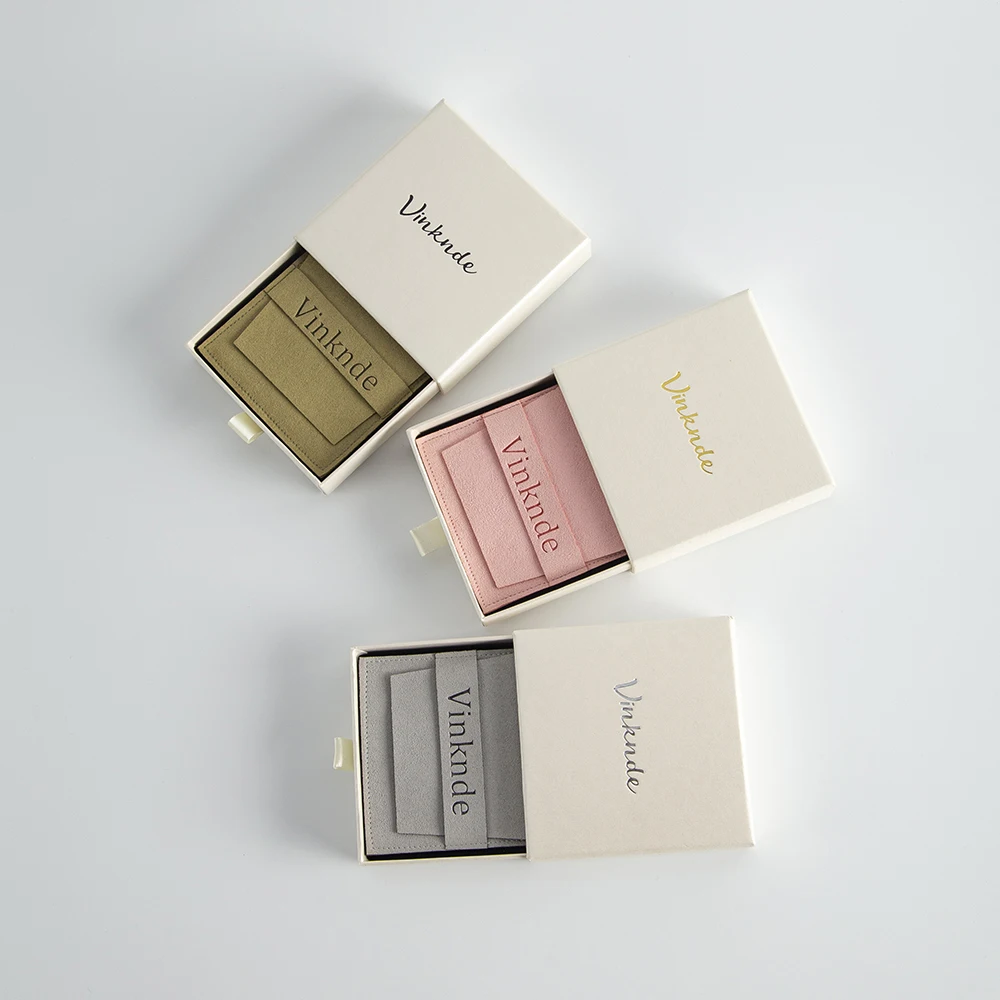 9x9x2.5cm Beige Drawer Gift Box 8x8cm Microfiber Envelope Pouches Custom Logo Wedding Party Jewelry Necklace Packaging Boxes Bag
