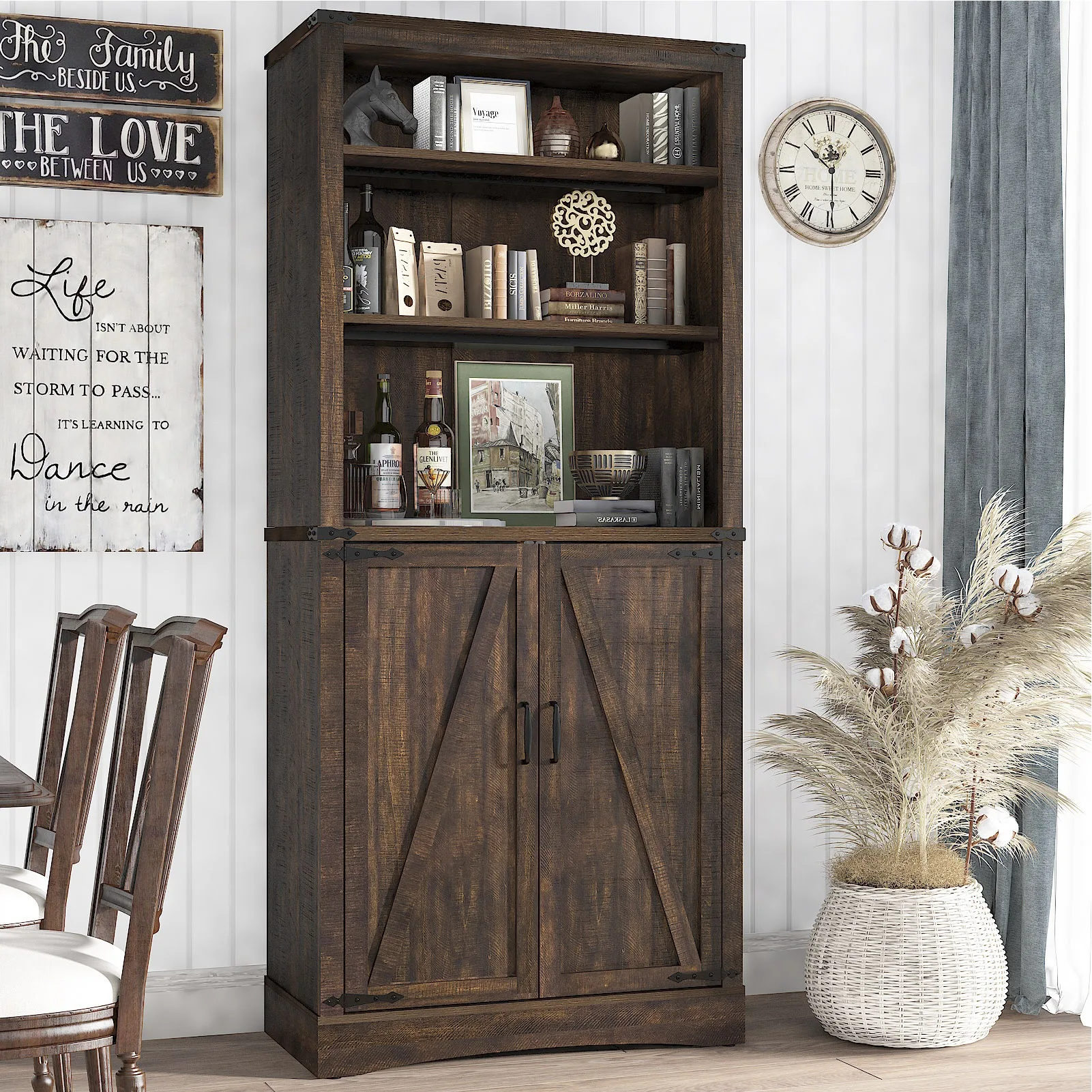 

71 in Farmhouse Tall Storage Cabinet with 5 Layers Adjustable Shelves,Kitchen Storage Cabinet with Barn Doors,display cabinet