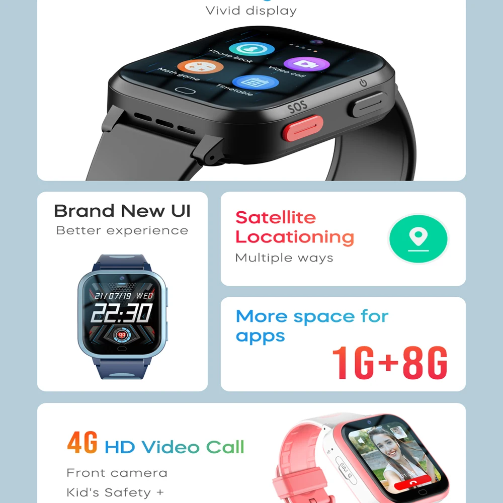 KGG 4G Kids Smart Watch ROM 8GB Video Call Phone Watch Call Back Monitor Alarm Clock Phone Android Watch Children Smartwatch.