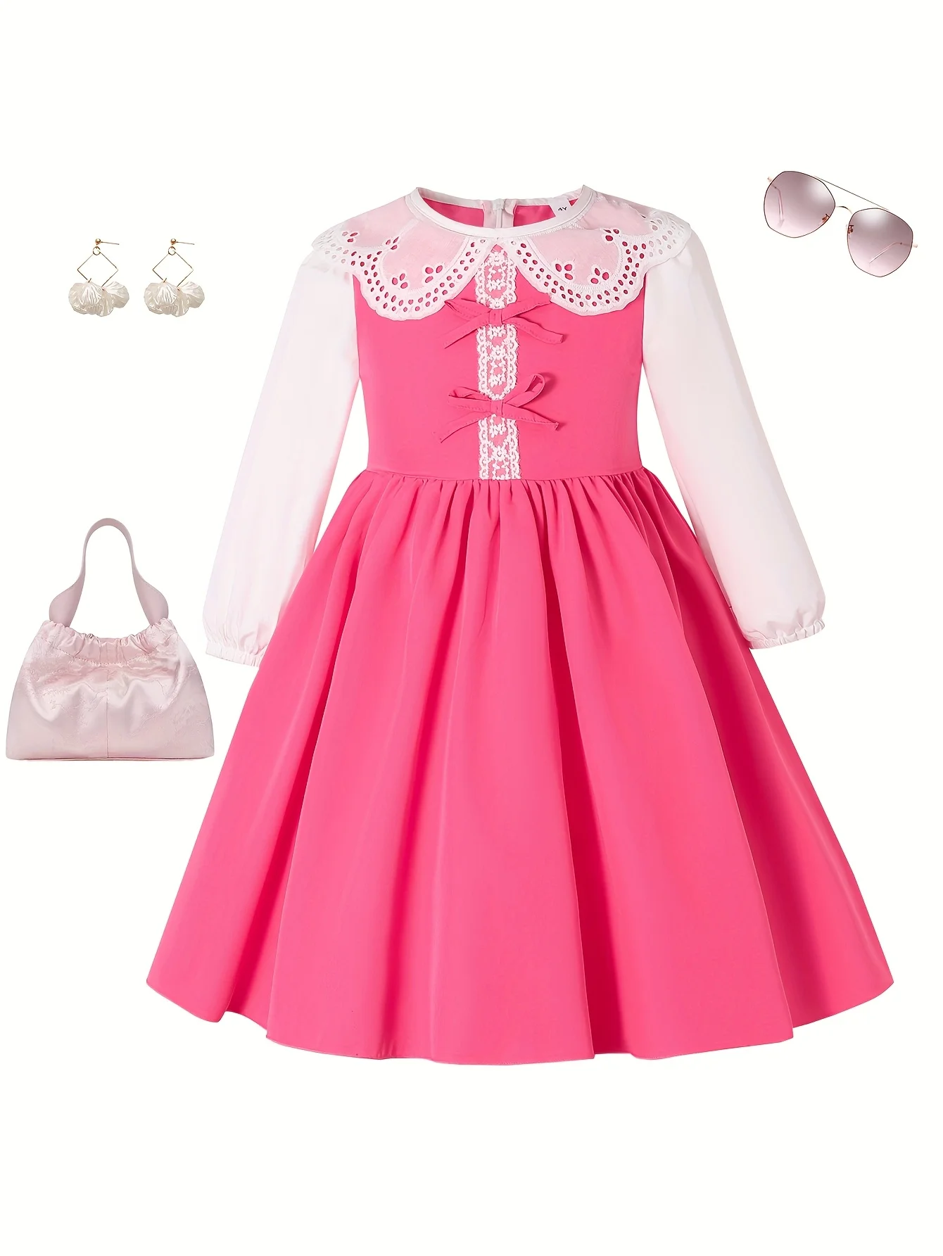 

Girls' Spring and Autumn Dress: Fuchsia Hollow Lace Collar Bow Princess Dress, Sweet Court-Style Long-Sleeve Gown