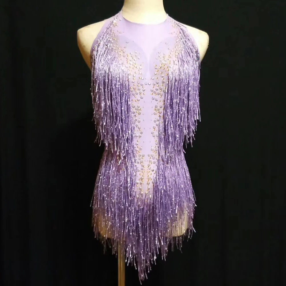 

Purple Fringes Sparkling Rhinestones Backless Women Bodysuit Sleeveless Rompers Theatrical Costume Stage Wear Nightclub Costumes