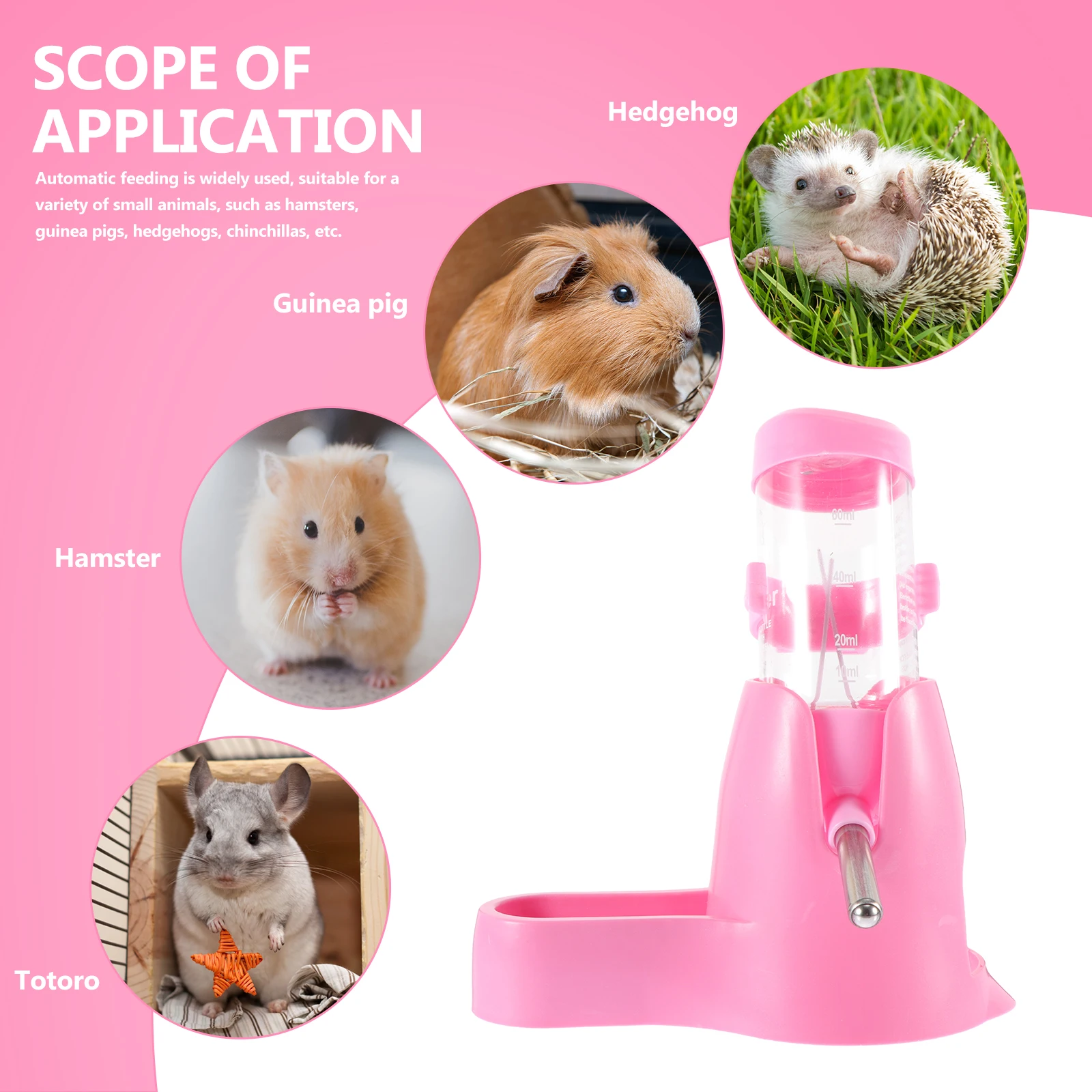 

Water Bottle Pet Fountain Feeder Hamster Feeding Adjustable Dispenser Portable Drinking Holder Pink for Hamsters Travel