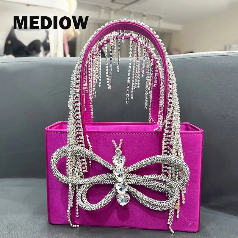 

MEDIOW Evening Tote Bags For Women Luxury Designer Handbags And Purse 2023 New In Tassel Bow Tie Mosaic Imitation Diamond Small