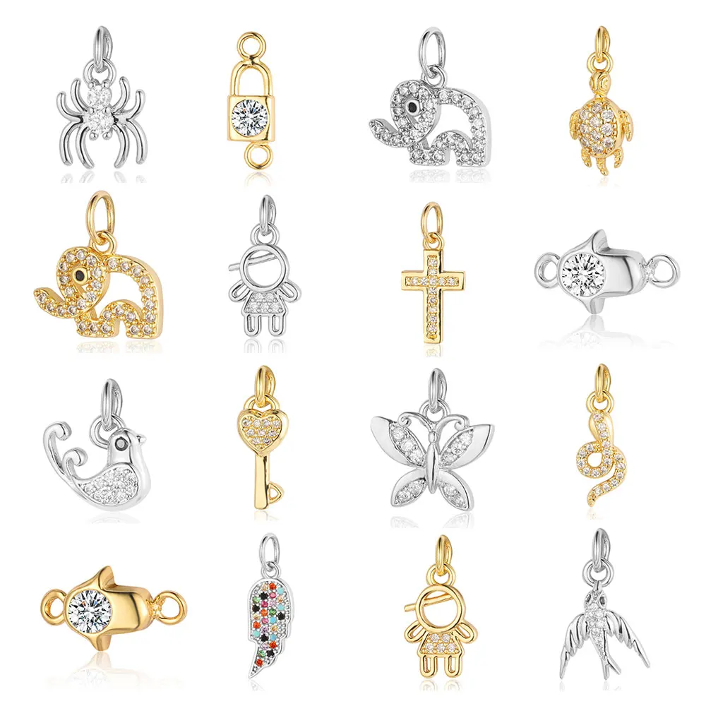 3pcs/Lot Elephant Swallow Spider Butterfly Copper Zircon DIY Jewelry Charms Cross Wing Heart Lock Turtle Bracelet Earring Making